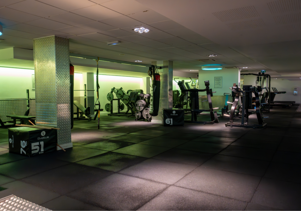 Intérieure vide et sombre d'un club indépendant avec un sol anti bruit, des boxes, des sacs de frappes et des machines.