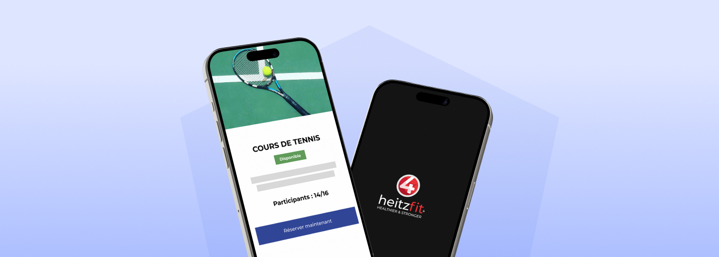 Un smartphone sur la page de réservation d'un cours de tennis disponible sur l'application de Heitz system et un autre téléphone sur un écran noir avec le logo de l'application heitzfit.