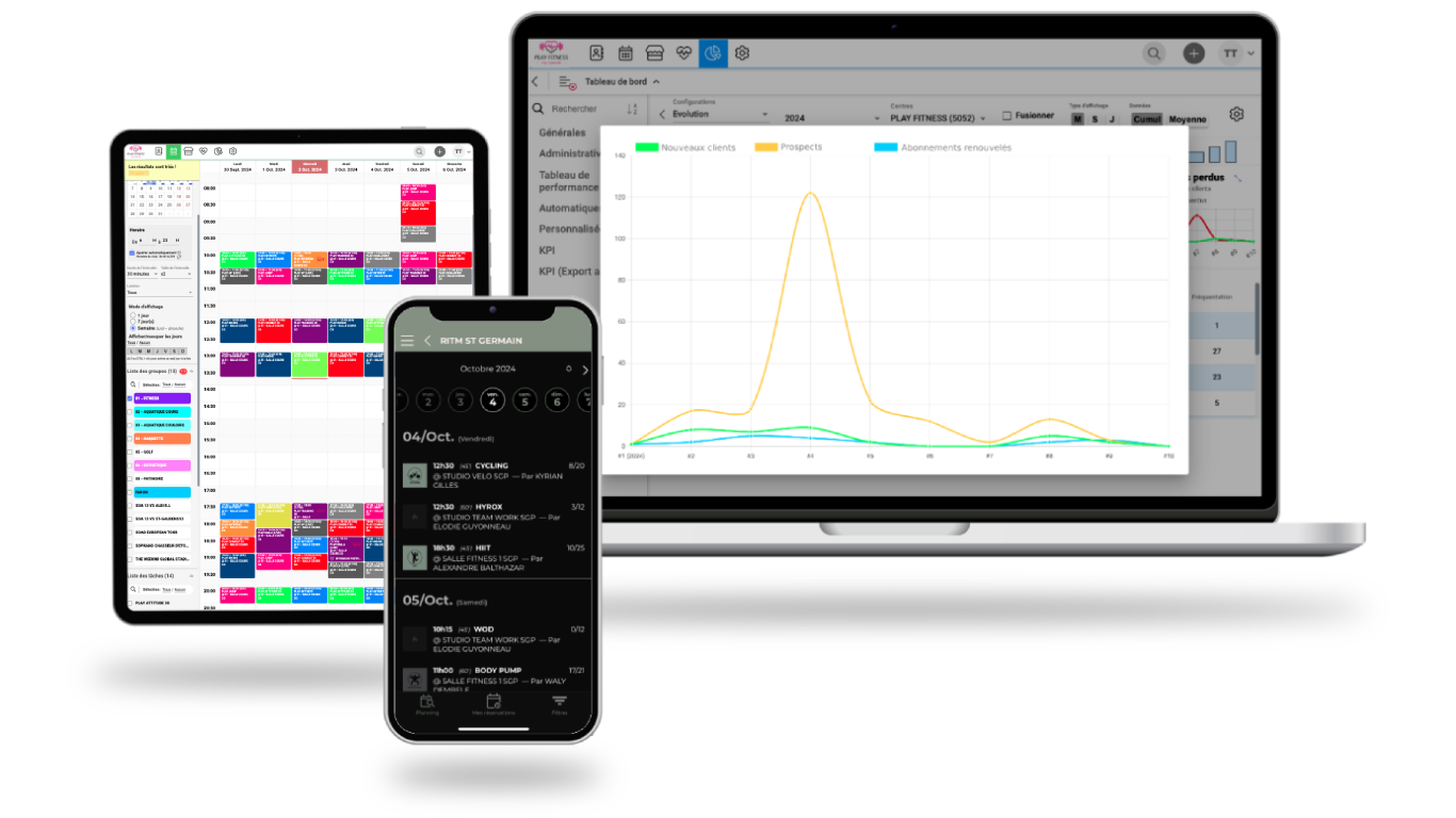 Interface intuitive du logiciel de gestion Heitz System, avec fonctionnalités de suivi des adhérents, gestion des plannings et contrôle d’accès pour centres sportifs, accessible sur ordinateur, tablette et smartphone.