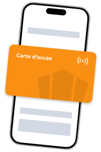 Téléphone avec une carte de contrôle d'accès HEITZ System orange en gros plan sur le téléphone
